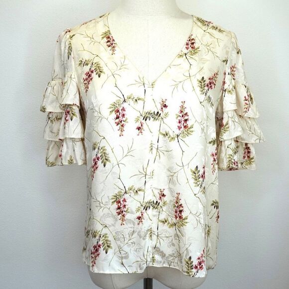 Rebecca Taylor Ivie Silk Blend Ruffle Sleeve Floral Blouse Size 0 - Picture 2 of 11
